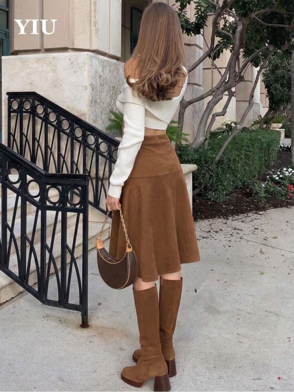 YIU Women's Brown Suede A-Line Skirt, Knee Length Slightly Elastic Casual Elegan - Picture 3 of 4